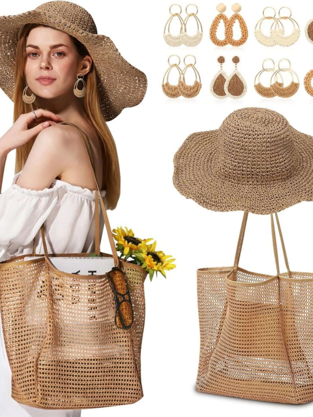 10 Pcs Mesh Beach Tote Bags and Straw Hat Set, Foldable Straw Hat Mesh Tote Bag - Picture 9 of 9